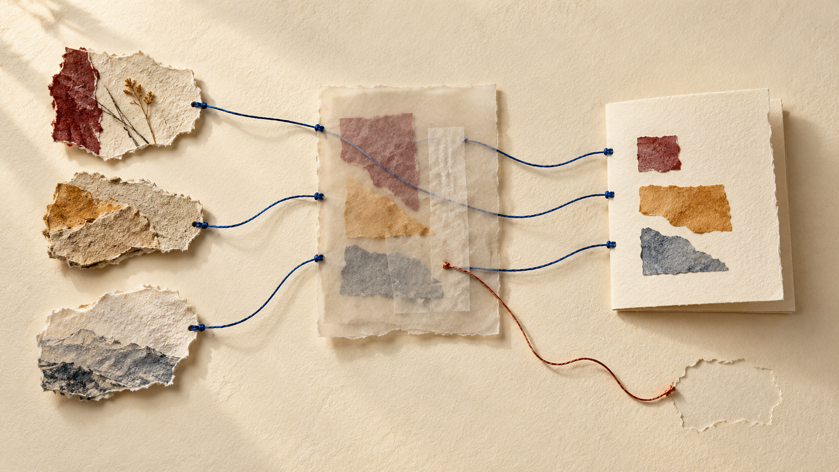 Paper source fragments connected by indigo threads through a translucent editing layer to an AI summary card, with a copper strand marking an unresolved fact.