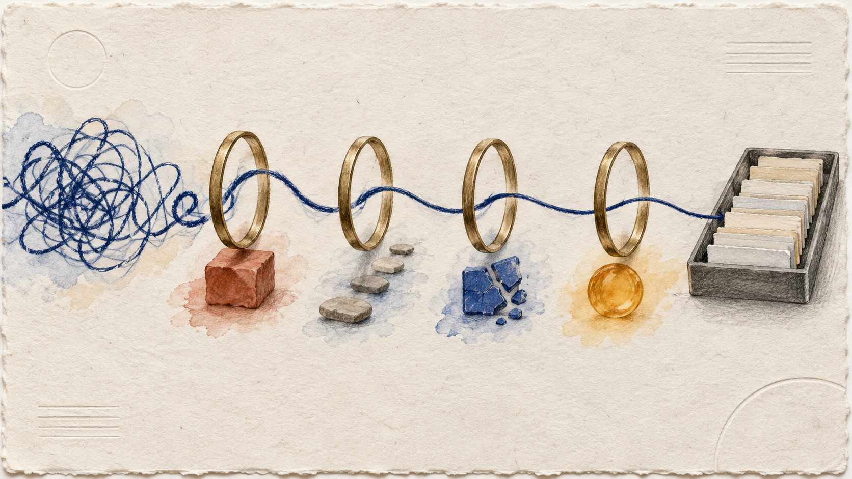 Mixed-media illustration of an indigo spoken thread passing through four brass rings beside task, sequence, failure, and impact objects into an ordered tray.