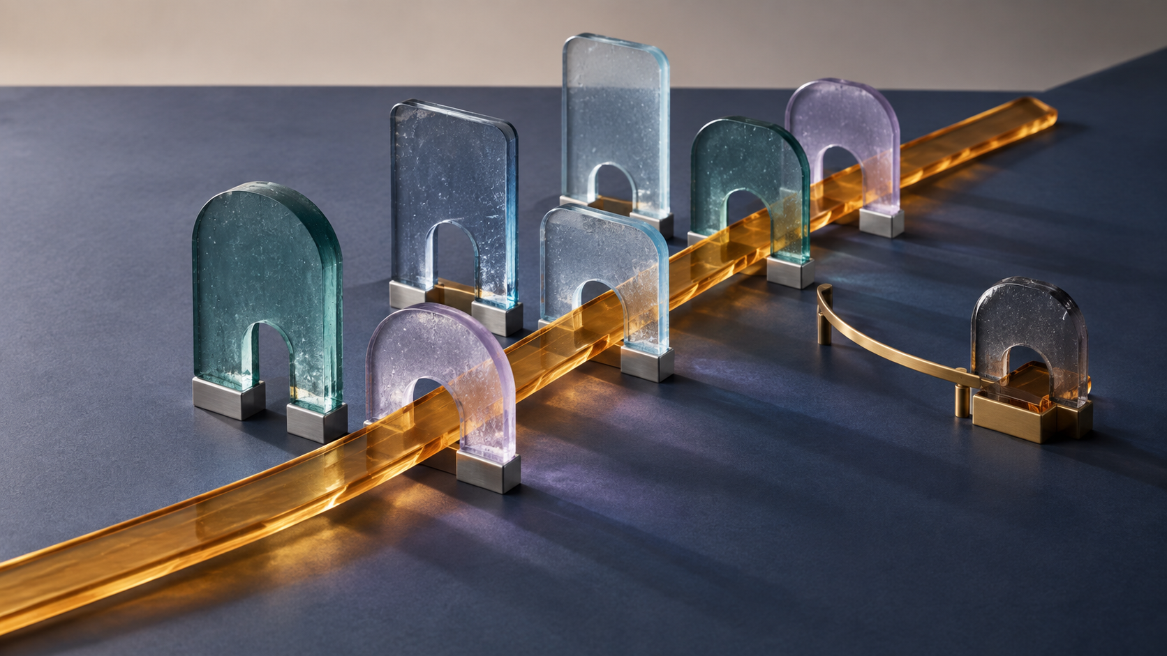 Studio still life of an amber glass path crossing varied translucent portals, with a brass bridge reconnecting one gate outside the main grid.