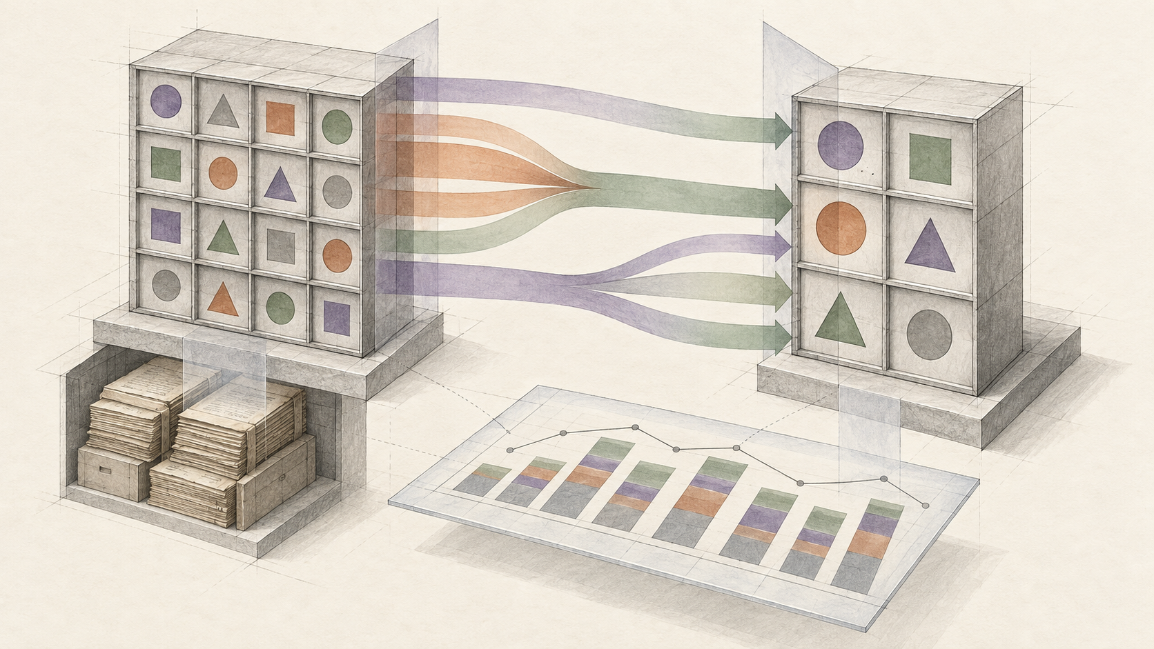 Axonometric classification grids linked by colored mapping ribbons above a preserved archive and a continuous reporting chart.