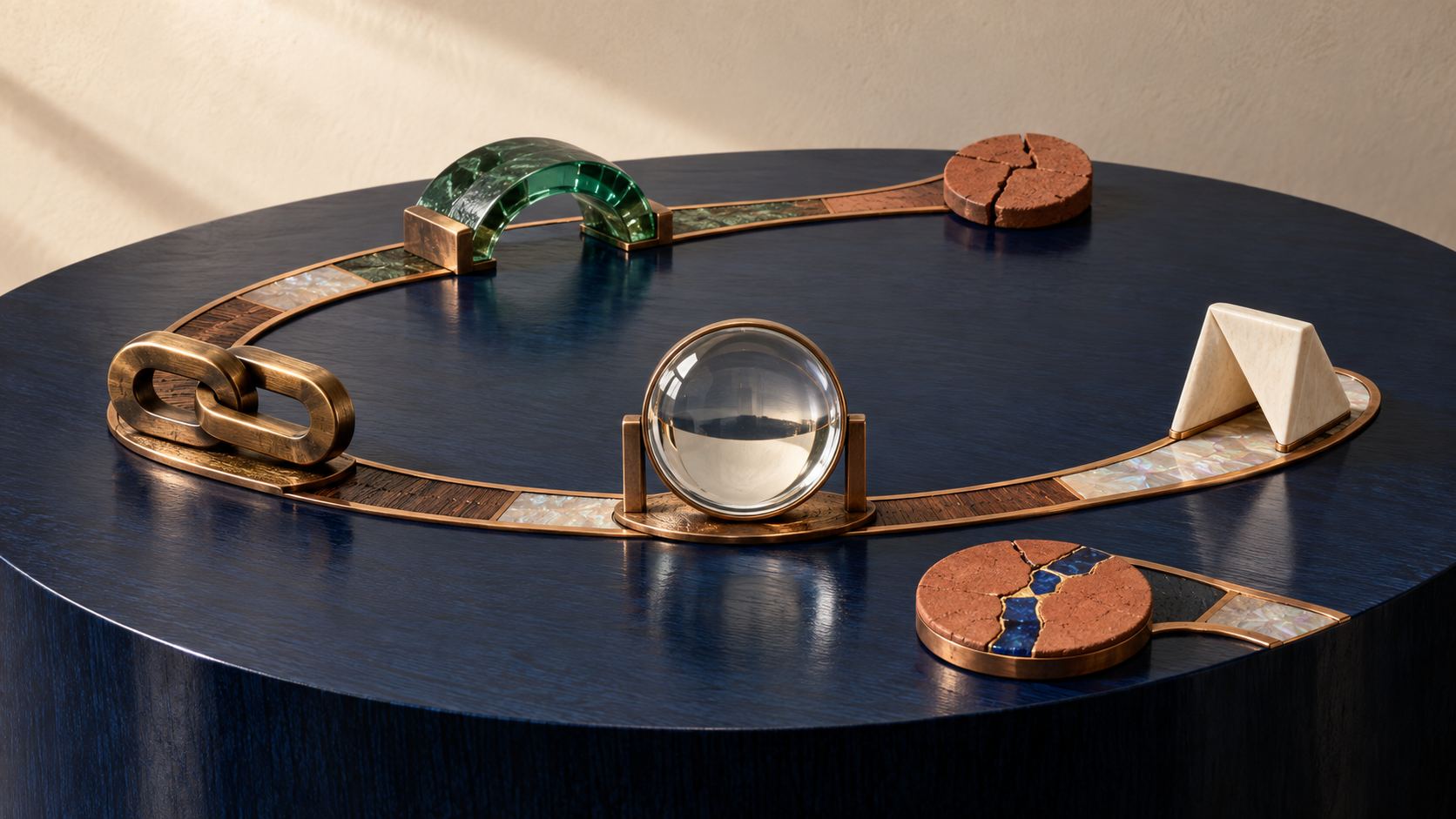 A copper track loops across a midnight-blue marquetry table through brass, green glass, crystal, and ceramic checkpoints, linking cracked and repaired discs.
