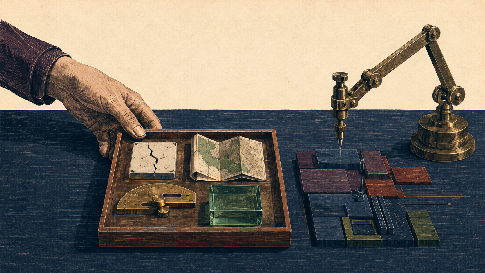 Woodblock-style editorial scene of a support hand placing four evidence objects into a tray while a brass drafting instrument inspects modular code blocks.