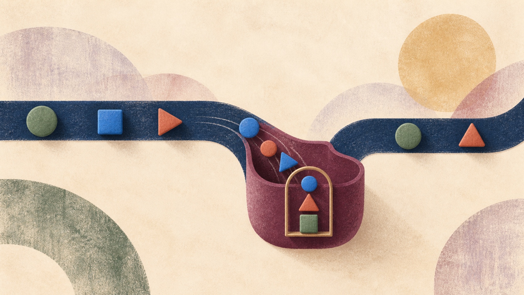Soft pastel illustration of a dark path staying open while a few colored shapes enter a side pocket and become an ordered report.