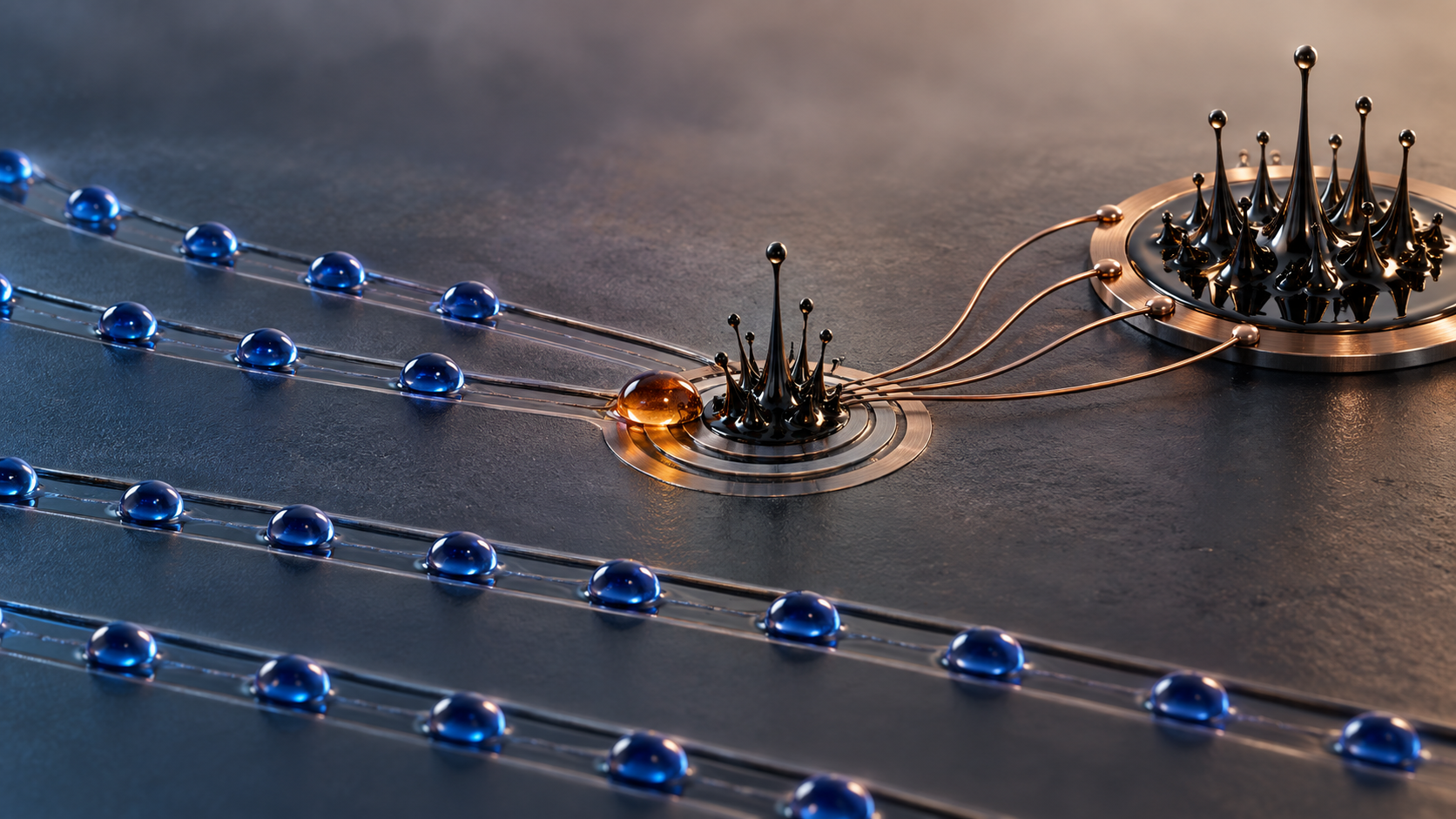 Cobalt droplets flow through parallel channels while one amber droplet activates black ferrofluid spikes and copper lines at four metal threshold rings.
