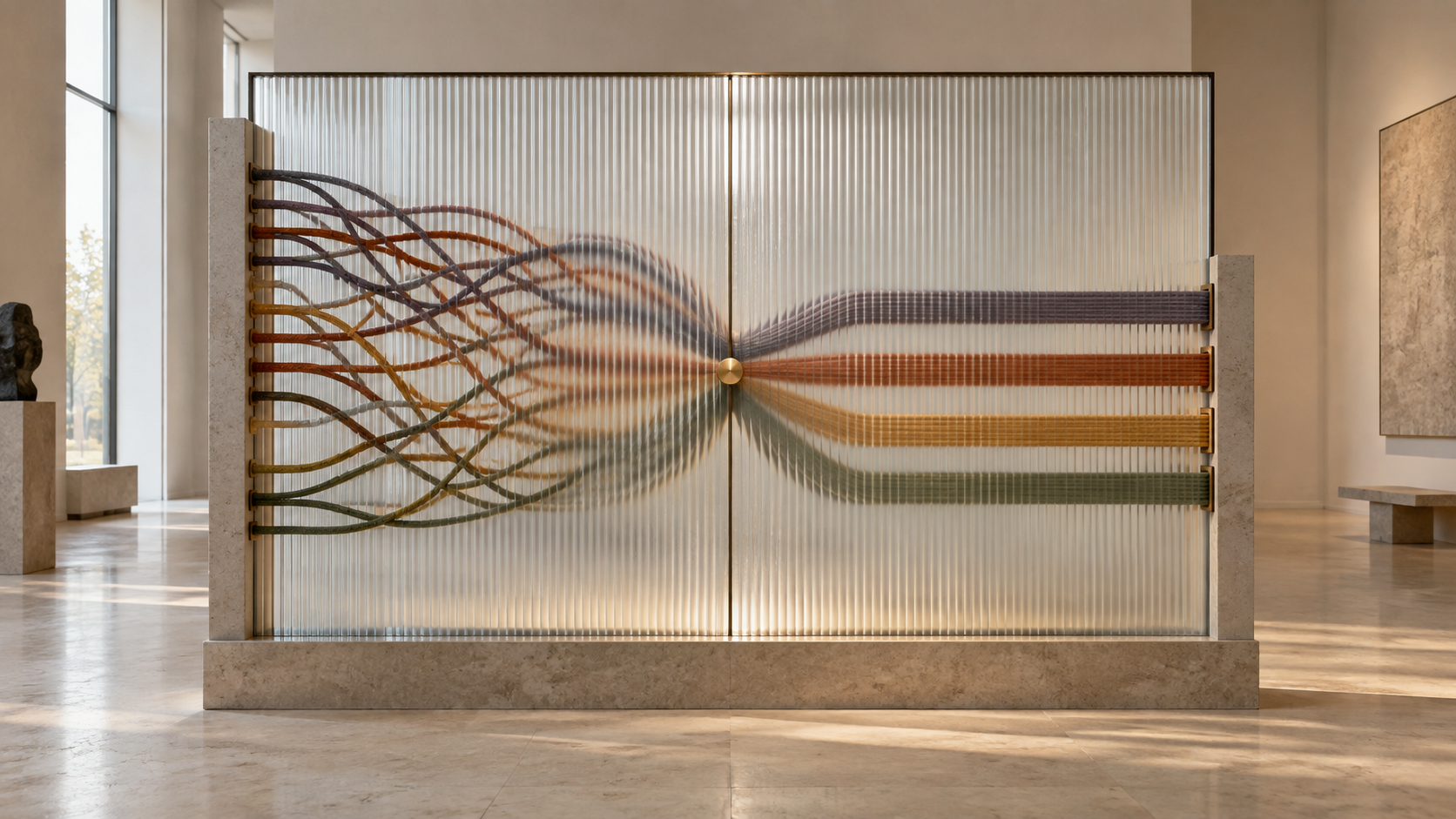 Many colored workflow cords merge through fluted glass into four clear bands around a central brass responsibility marker.