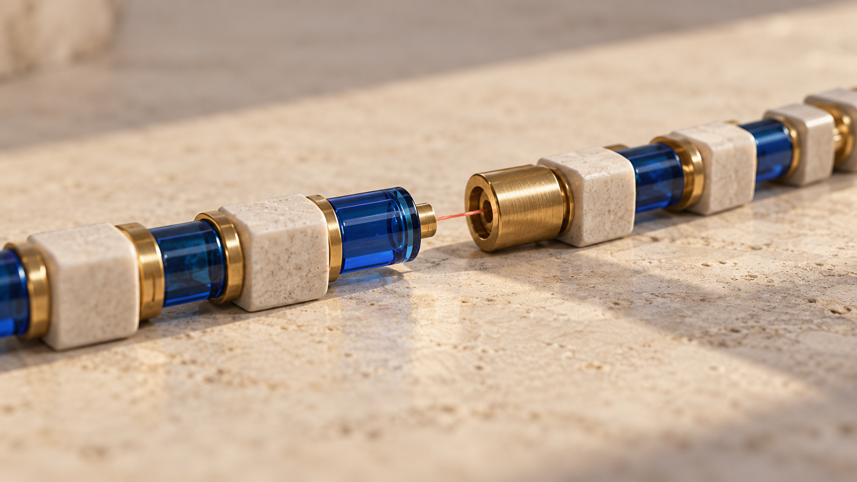 A blue glass connector and brass socket sit slightly apart across a stone surface, joined by a fine red filament, while aligned pieces recede in both directions.