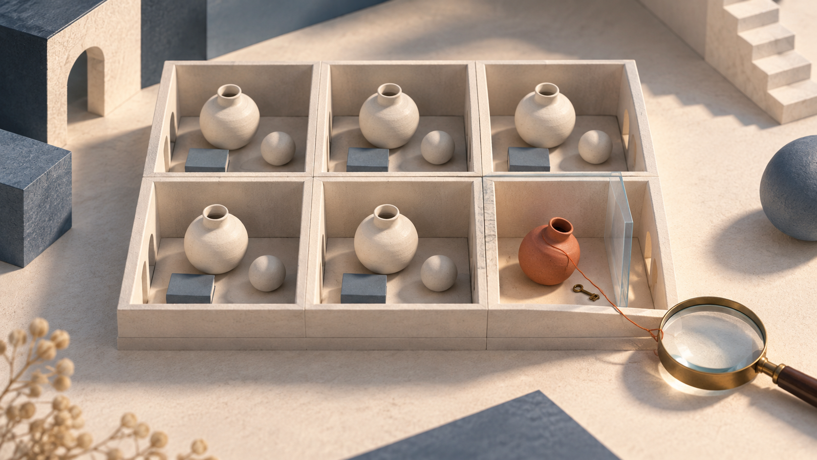 A tactile miniature of six separate workspace rooms, with five matching ceramic arrangements and one terracotta object set apart beside a brass key and magnifying lens.