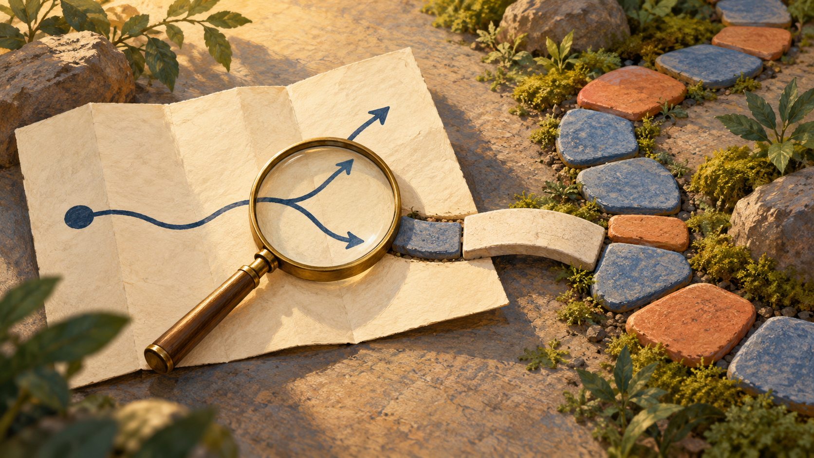 A folded route card with a branching ink path lies beside ceramic stepping stones; a magnifying glass marks where the drawn and actual routes meet.