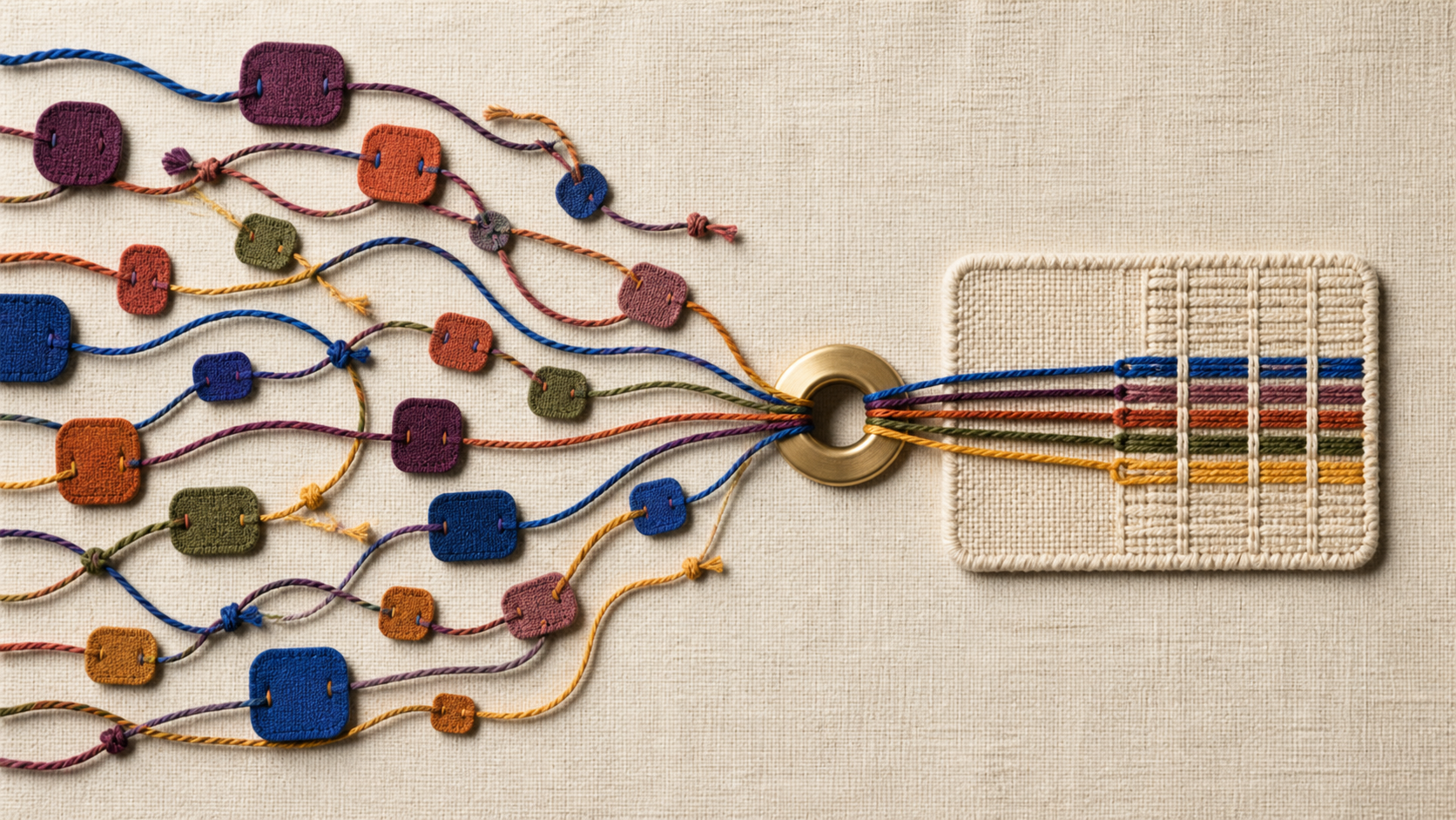 Loose colorful embroidery strands pass through a brass eyelet and become one neatly woven rectangular record on warm ivory linen.
