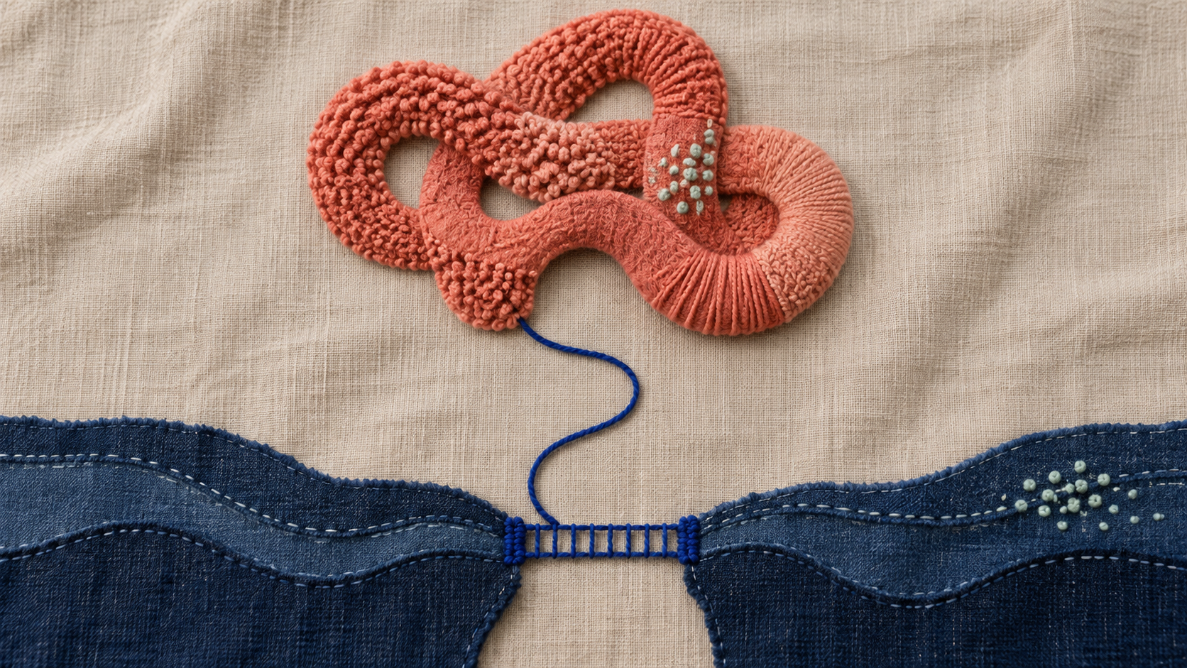 A coral embroidered loop on linen connects by a cobalt thread to a stitched bridge spanning a gap between two indigo fabric bands.
