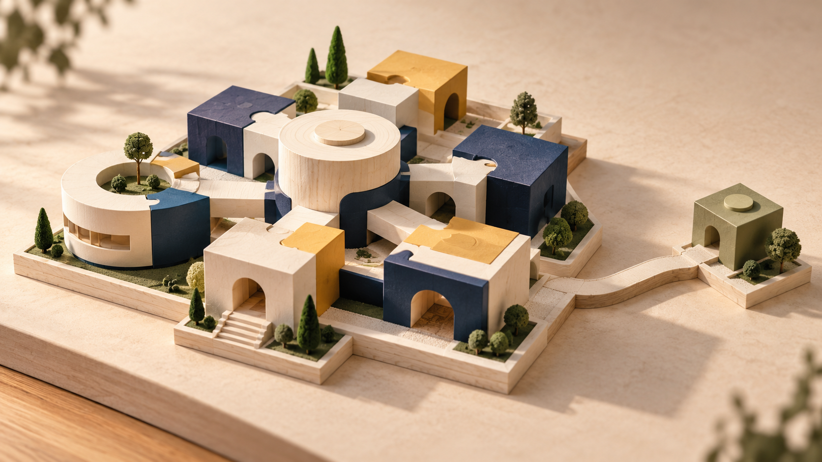 A tabletop architectural model has a shared core of navy, ivory, and ochre modules, with one separate olive module connected by a narrow path.