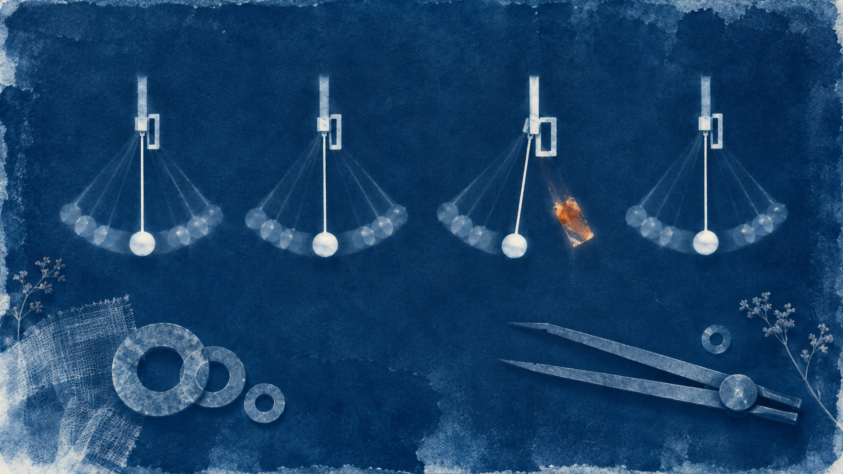 Cyanotype photogram of four pendulums with pale motion trails; one interrupted trail has a rust-orange evidence chip beside it, with washers and a divider below.