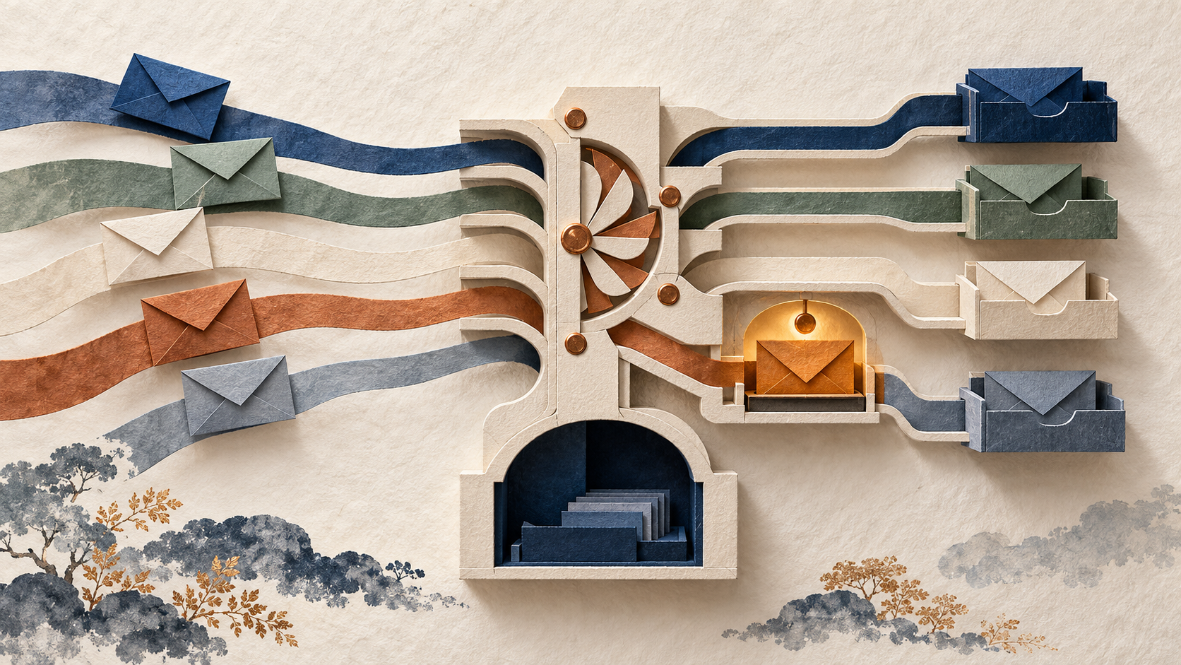 Cut-paper envelopes travel along separate colored channels through a central sorting gate, while one amber message pauses for review above a closed indigo compartment.