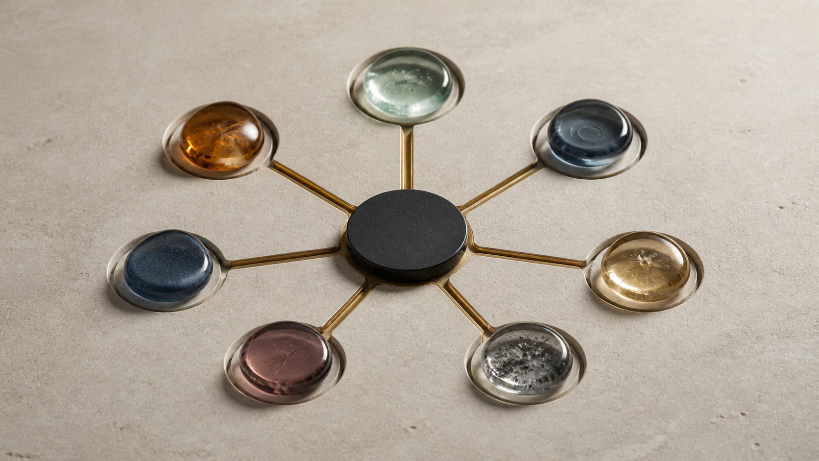 Seven translucent glass tokens in separate brass-linked stone recesses converge on a central charcoal ceramic disk while remaining visibly distinct.