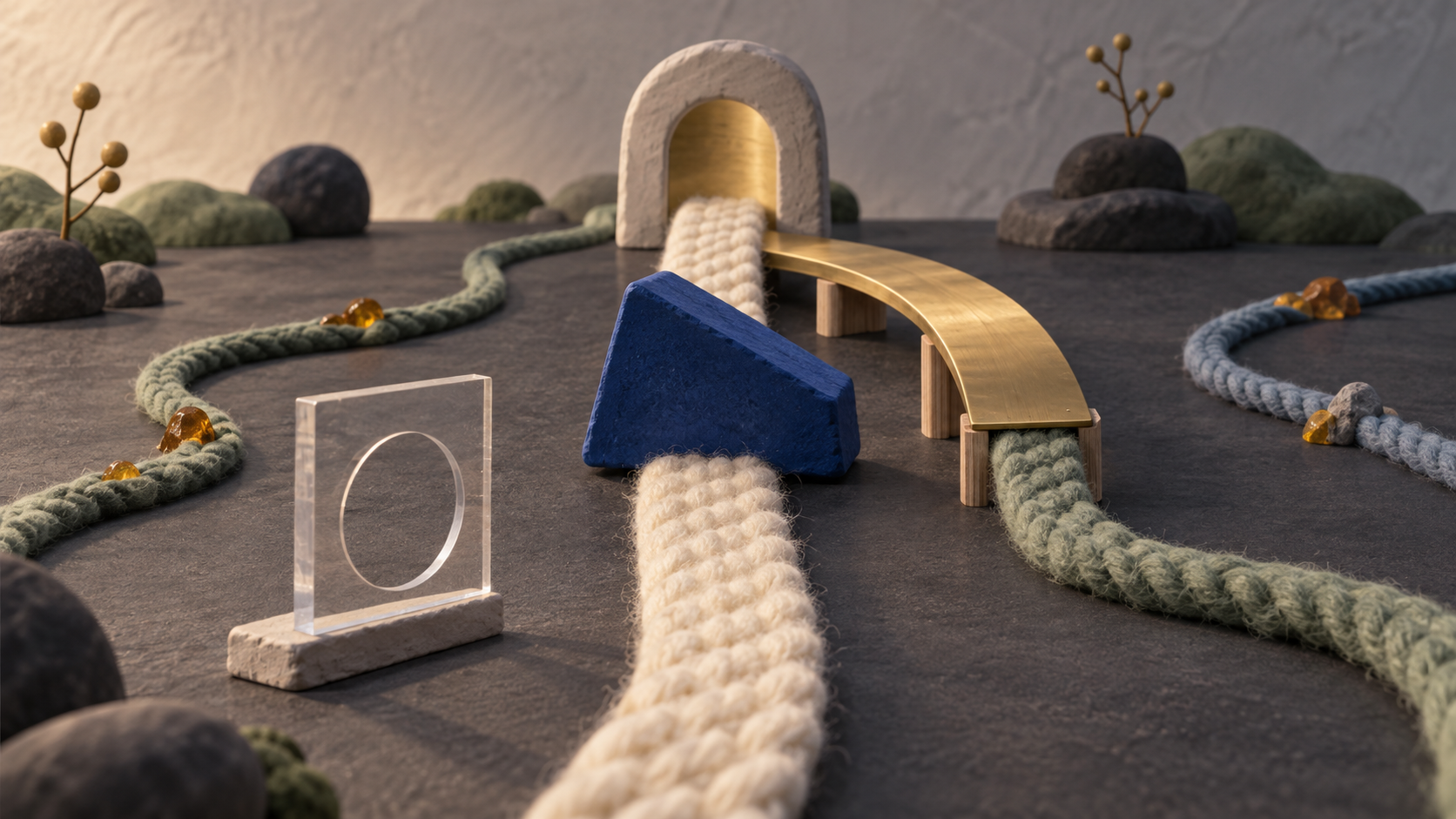 Stop-motion tabletop of wool pathways, with a cobalt wedge blocking the central route while a brass bridge offers a safe bypass.