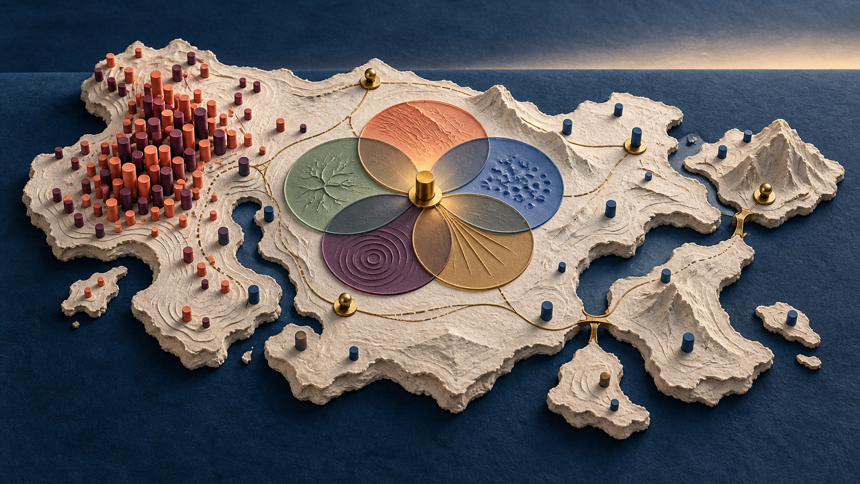 Embossed paper relief map with a dense cluster of coral markers, five overlapping resin lenses, and sparse brass priority markers on critical paths.