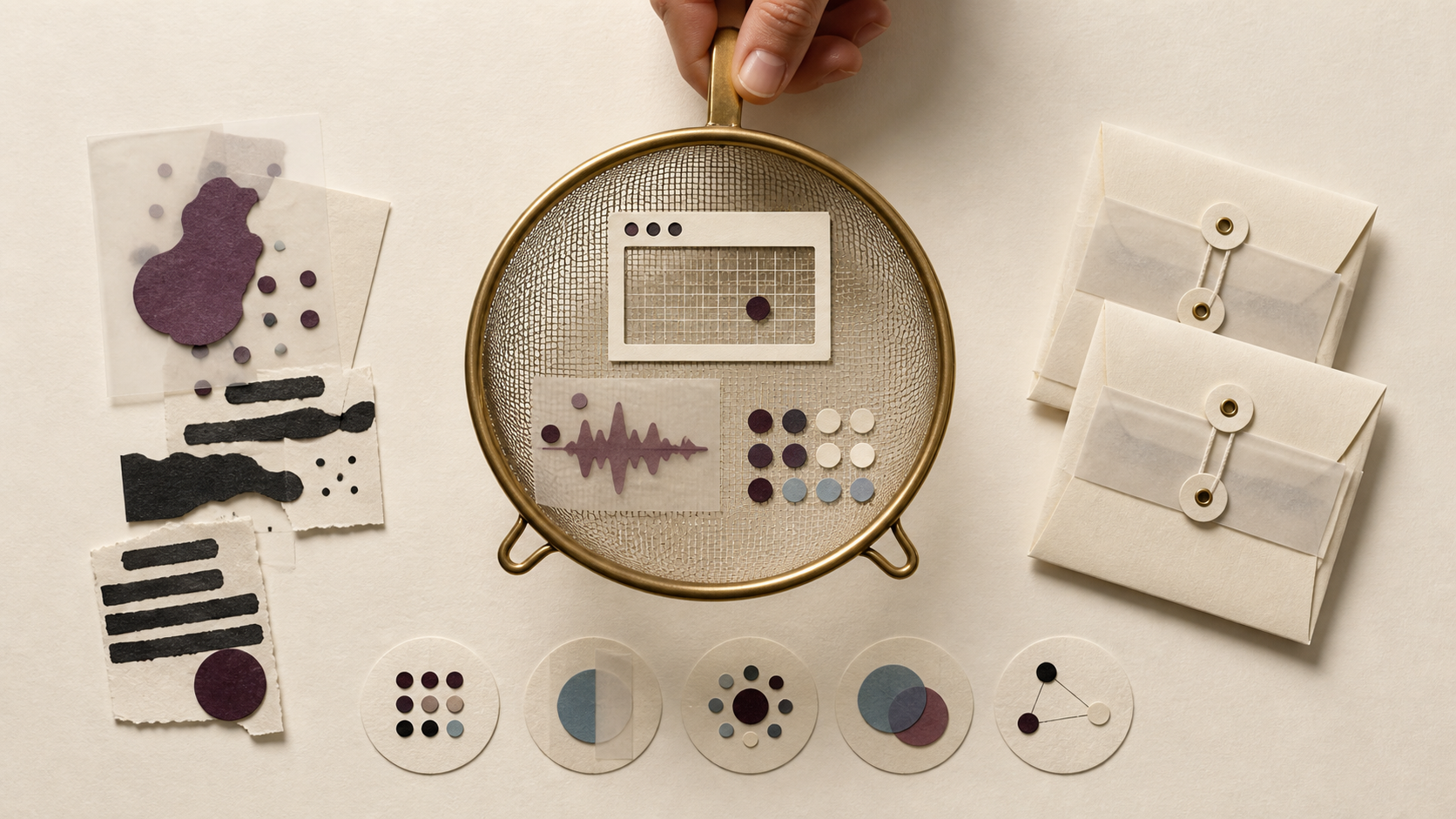 Top-down tactile collage of a brass sieve separating useful browser and error evidence from redacted paper fragments and sealed envelopes.