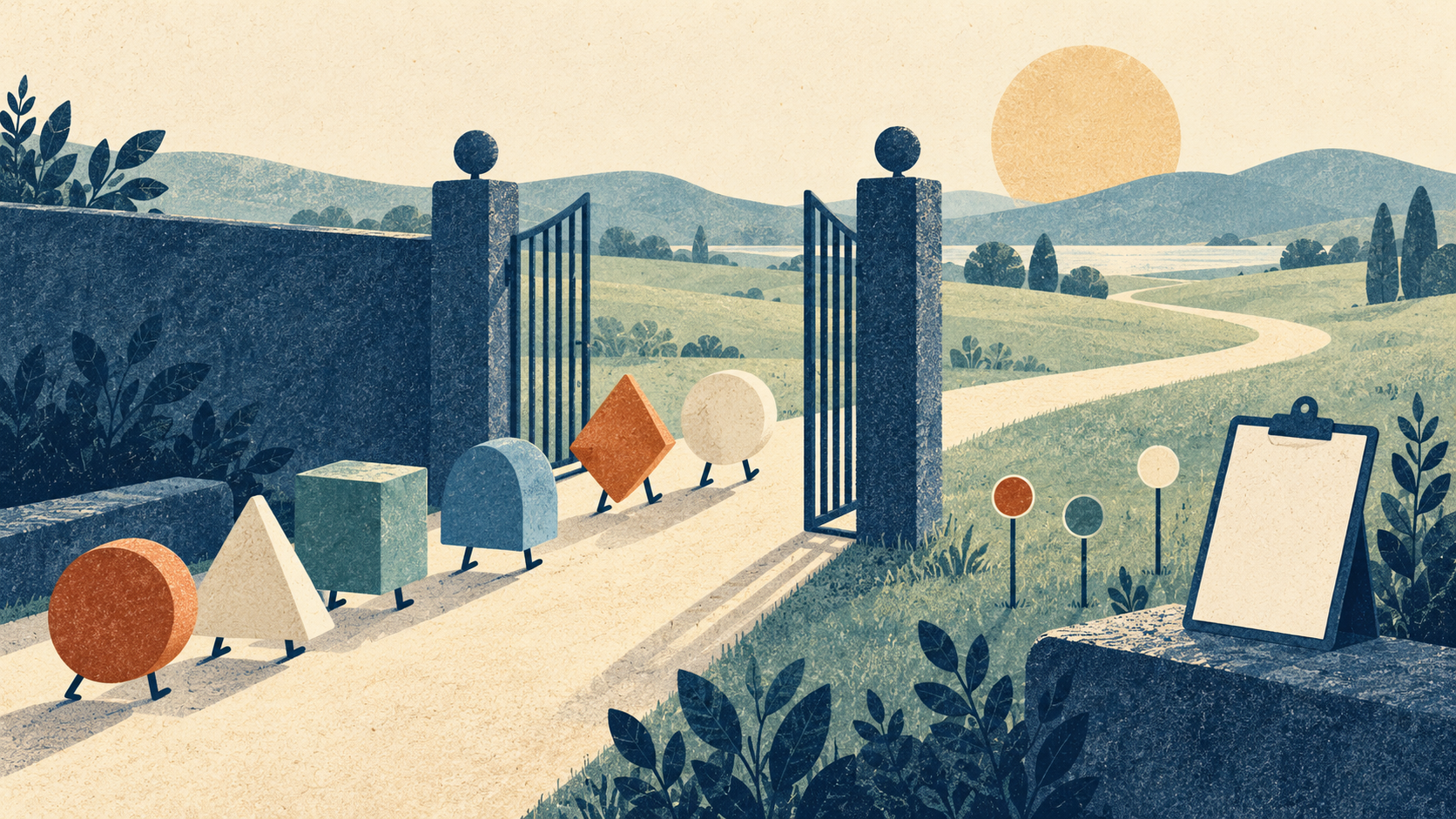 A small group of colorful geometric figures passes through an open gate into a broad landscape, with a blank clipboard beside the path, illustrating a measured private beta.