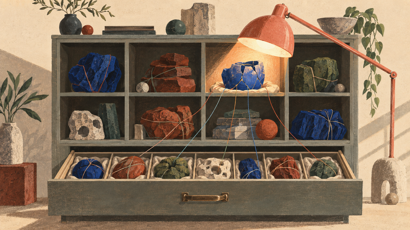 A coral lamp illuminates a cracked blue ceramic bowl in an archive cabinet, with colored threads linking it to objects preserved in an open drawer.
