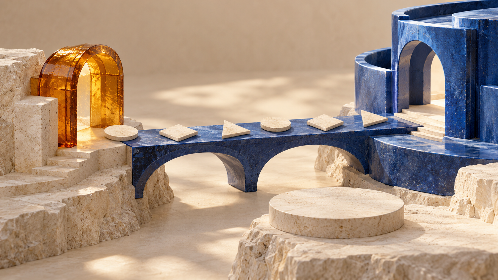 Ivory geometric stones cross a cobalt bridge from a small amber glass arch toward a larger blue structure, with an empty stone platform beside the route.