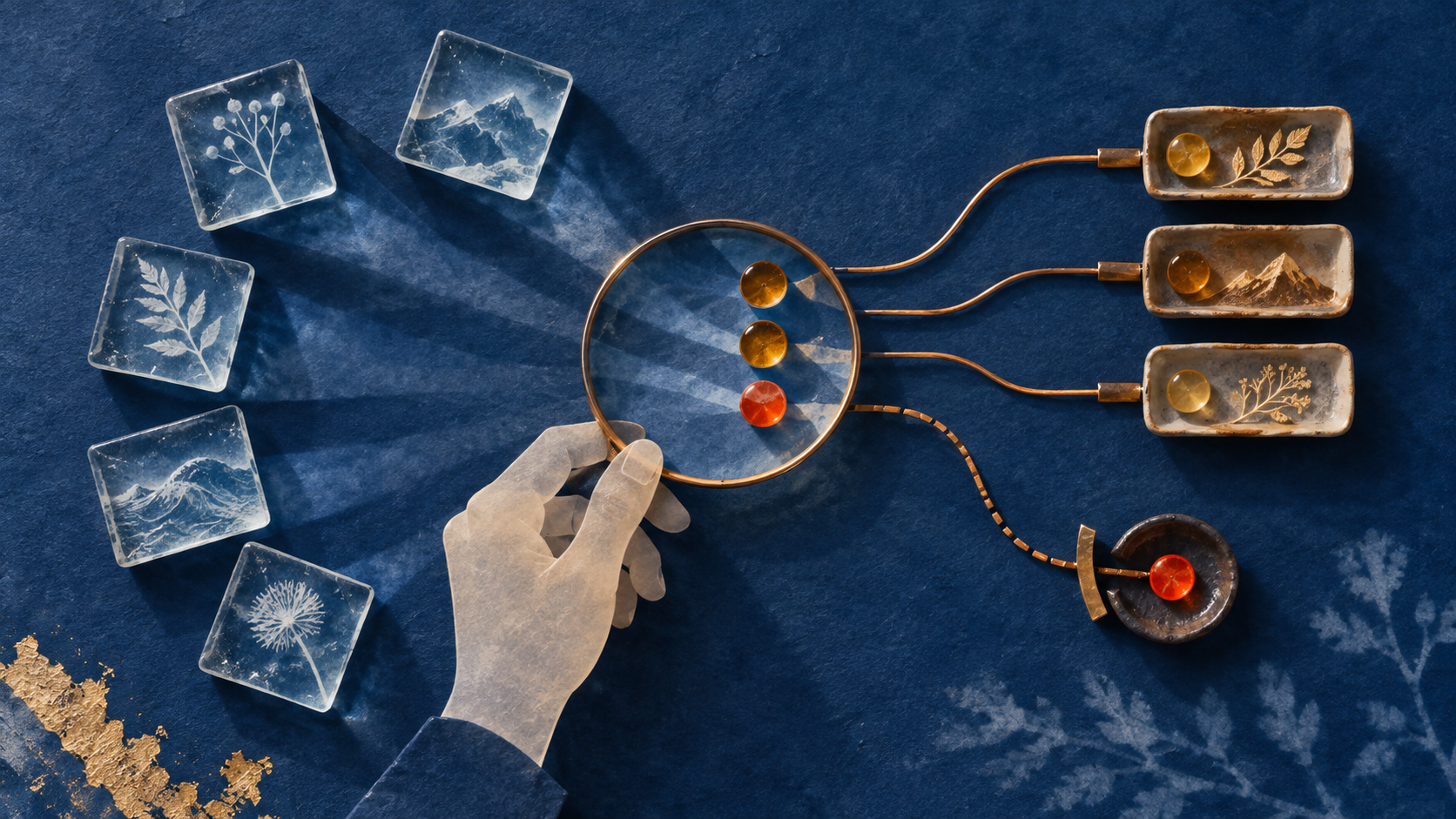 A vellum hand holds a copper lens over amber and red glass beads while five cyanotype source tiles feed normal and protected routing paths.