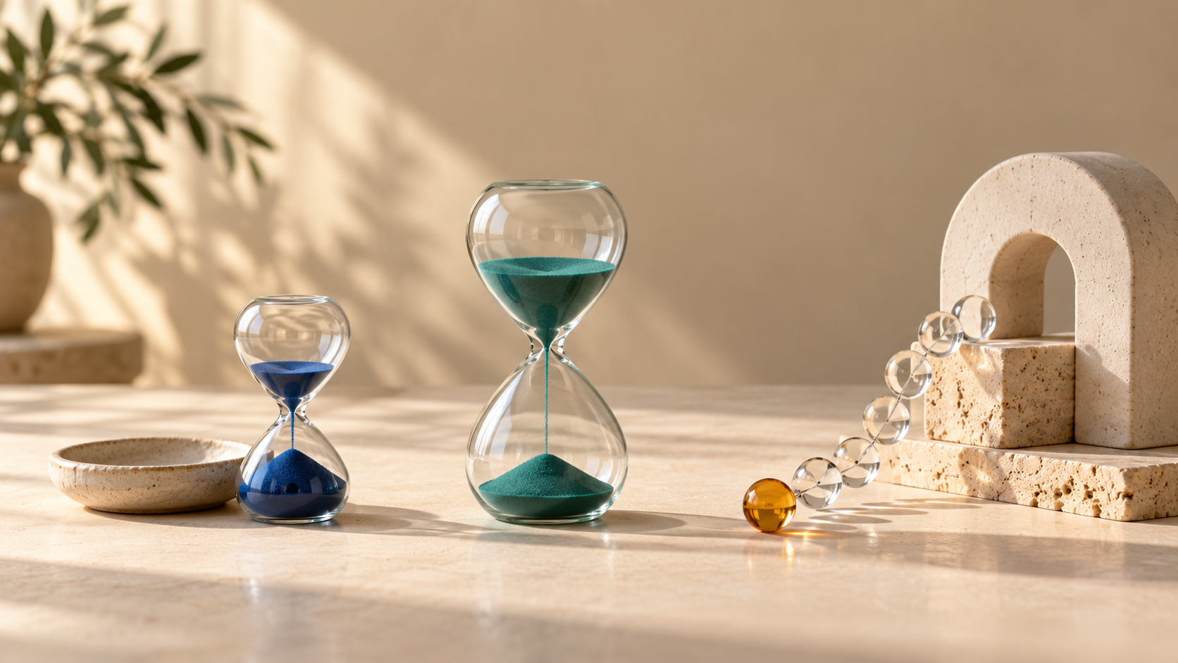 Three glass timers sit at different stages beside an unfinished ceramic arch, illustrating separate response, update, and resolution commitments.