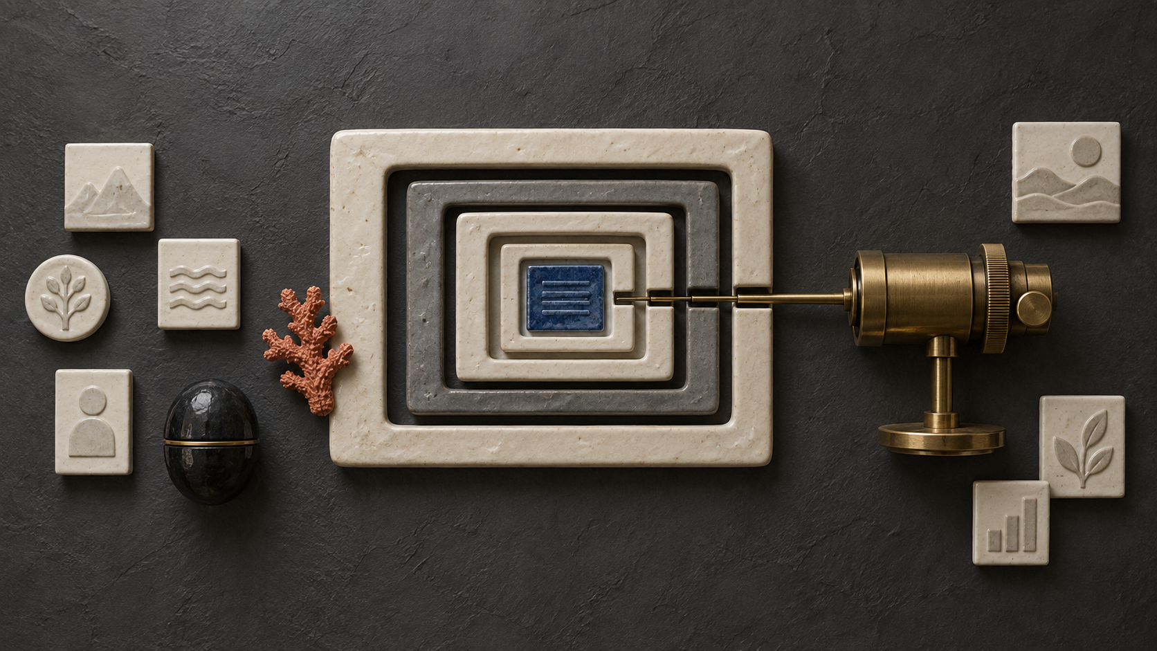 A cobalt ticket tile sits inside five nested porcelain frames, connected to a brass analysis instrument while unrelated tiles remain outside.