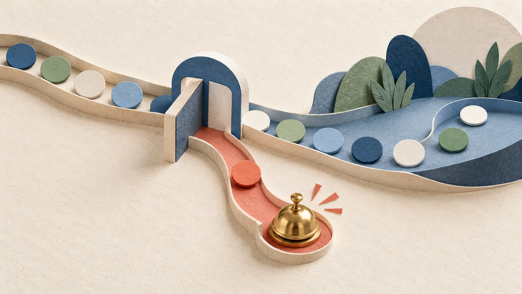 Muted paper tokens pass through a central gate into a broad blue channel, while one coral token follows a separate path to a brass bell.