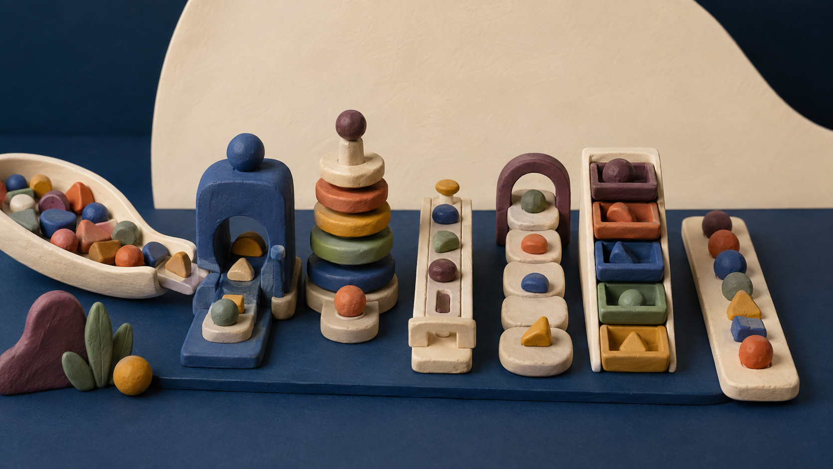 Hand-sculpted clay report tokens move through five separate sorting mechanisms into an orderly queue on a midnight-blue tabletop.