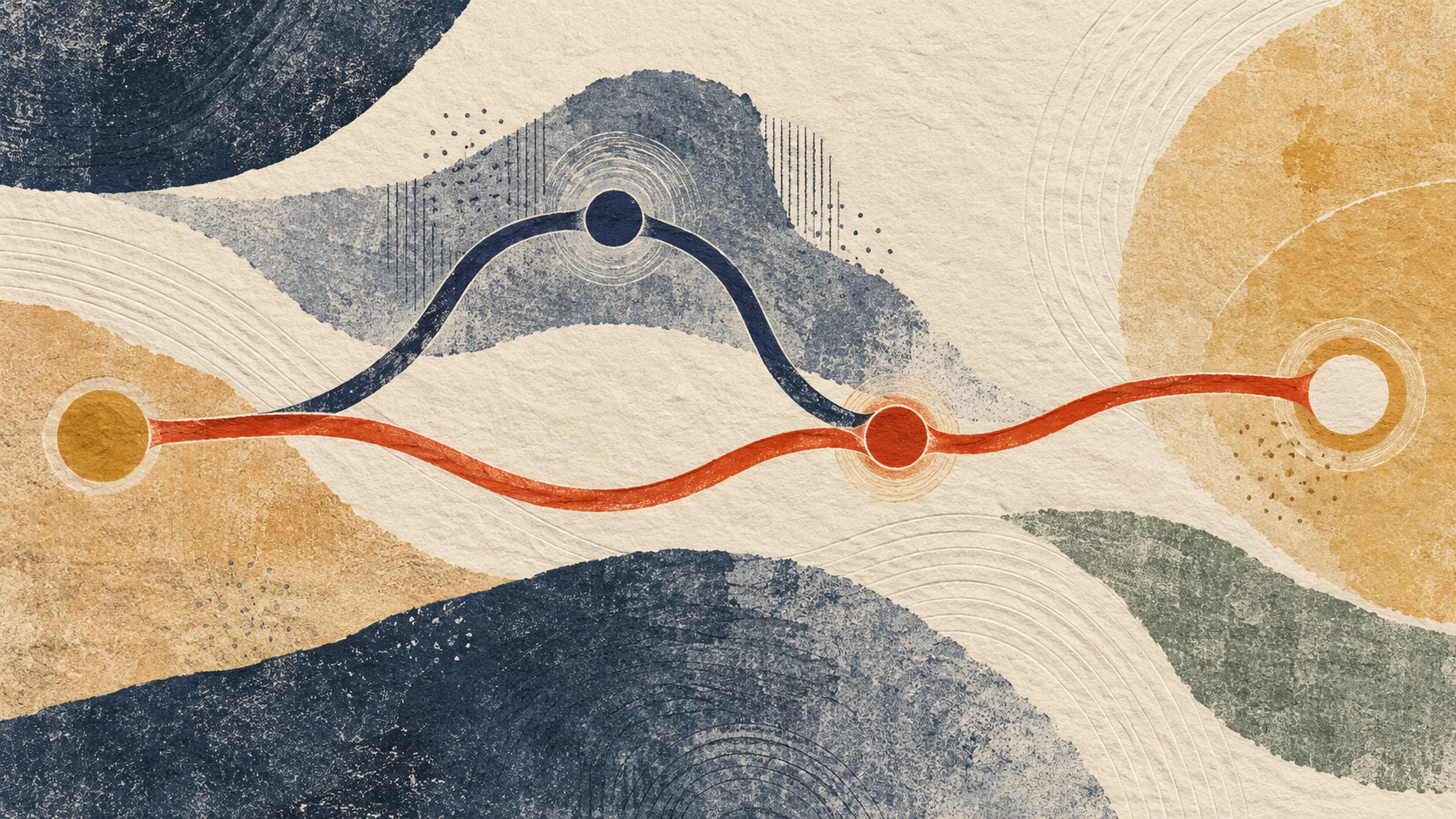 A continuous vermilion line stays tied to an ochre marker while an indigo branch enters a separate work area and rejoins it on textured cream paper.