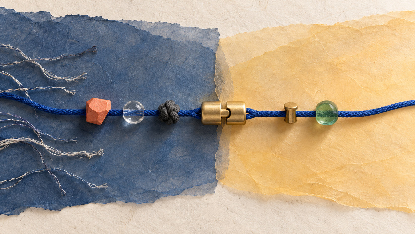 A cobalt cord crosses from dusk-blue paper to amber paper through a brass clasp, carrying coral, clear, graphite, brass, and green handoff markers.