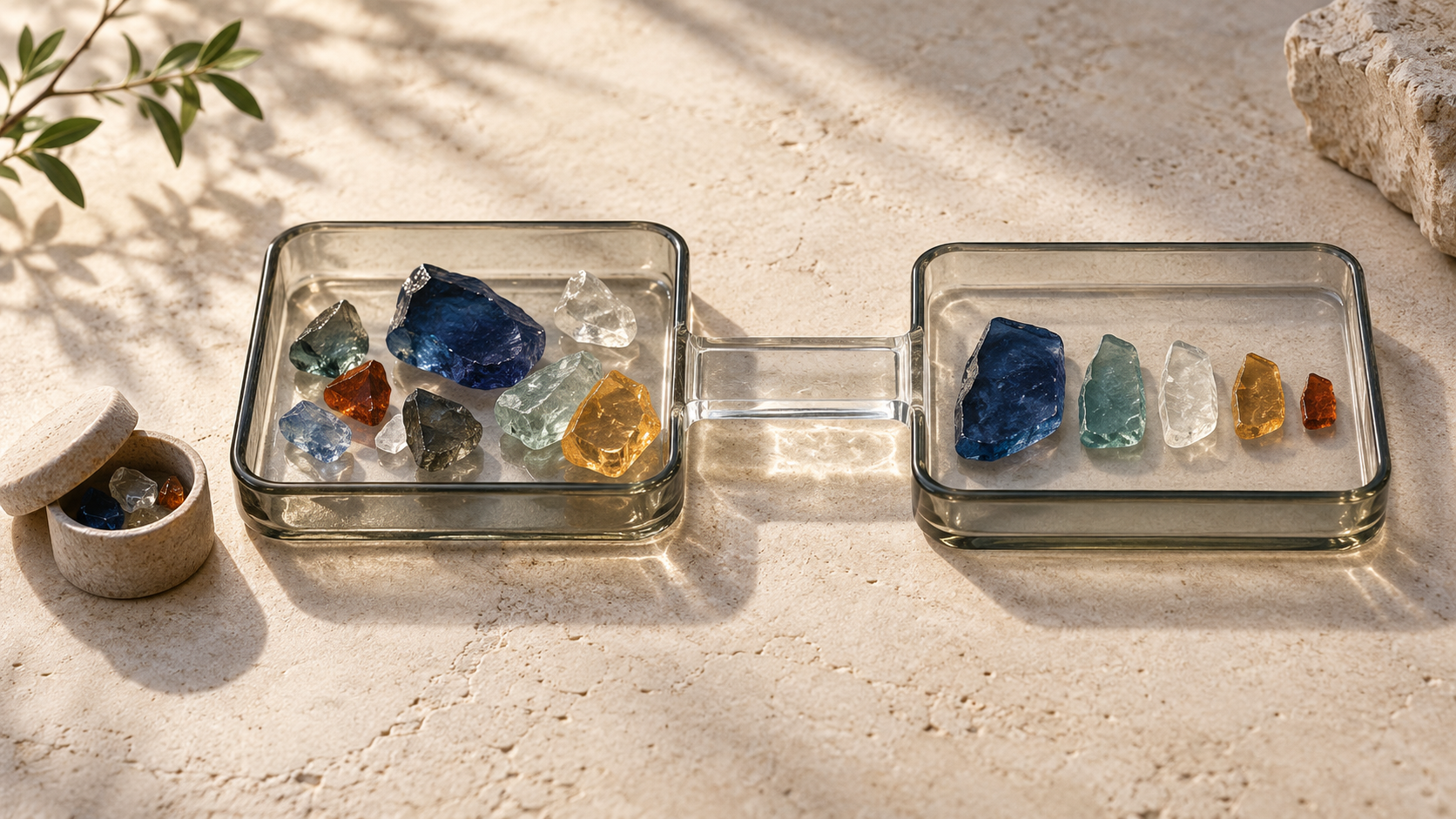 Colored glass fragments sit irregularly in one tray and in a matching ordered arrangement in another, joined by a clear glass bridge beside a small stone capsule.