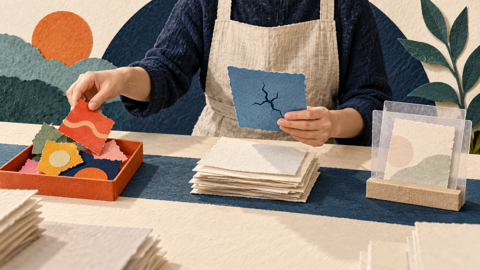 A person sorts layered paper slips, setting aside a blue product report for review while placing colorful irrelevant scraps in a separate tray and holding uncertain cards in transparent sleeves.