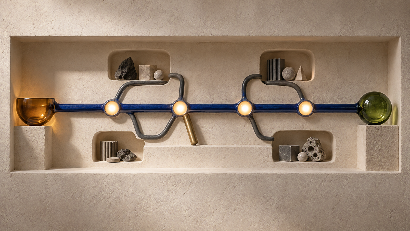 A cobalt ceramic line crosses four glowing update points in a plaster shadow box, with graphite investigation paths branching into material-filled alcoves.