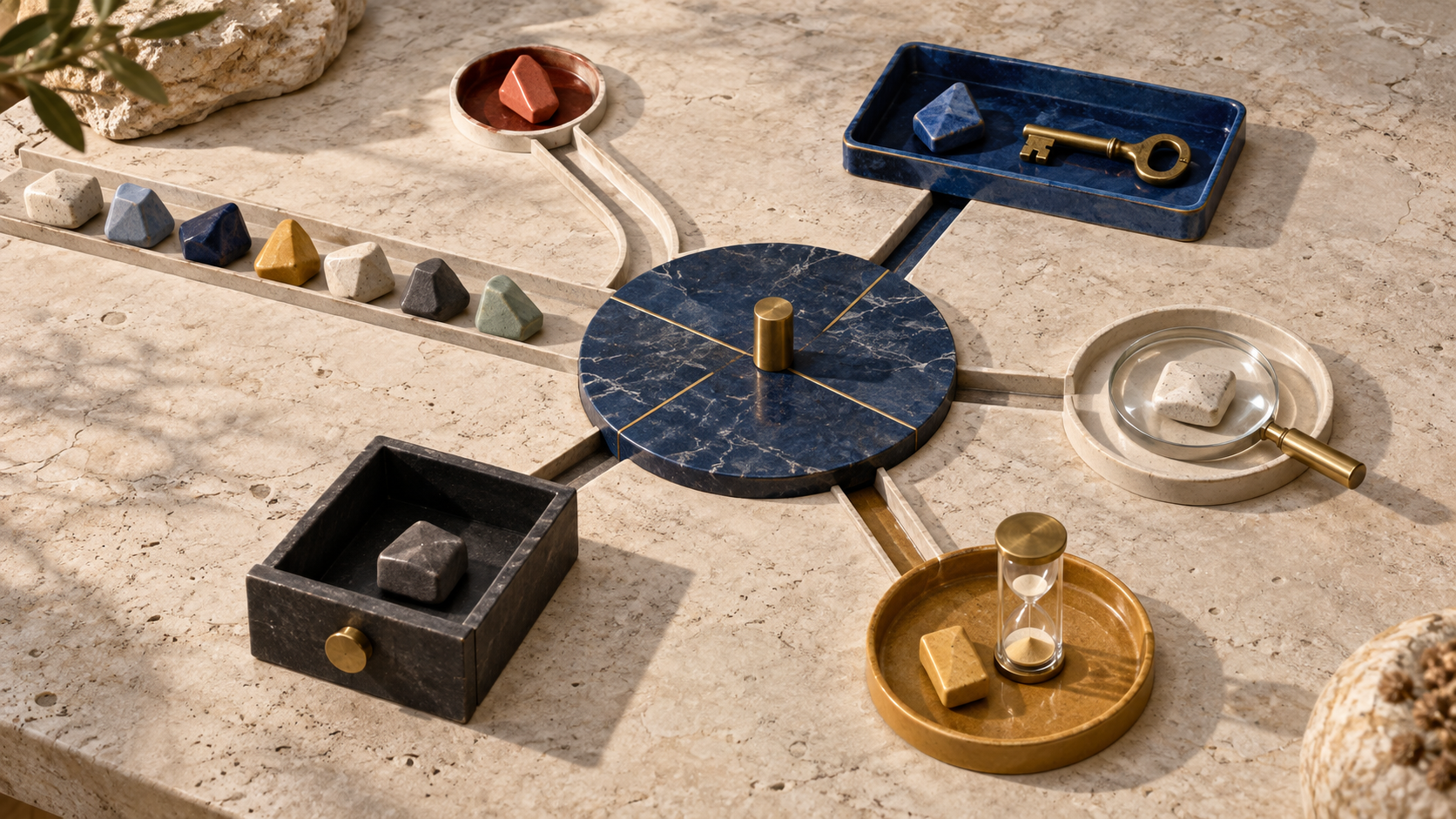 Seven ceramic issue tokens feed a blue stone decision table, with paths to a key, magnifying lens, sand timer, archive drawer, and urgent coral channel.