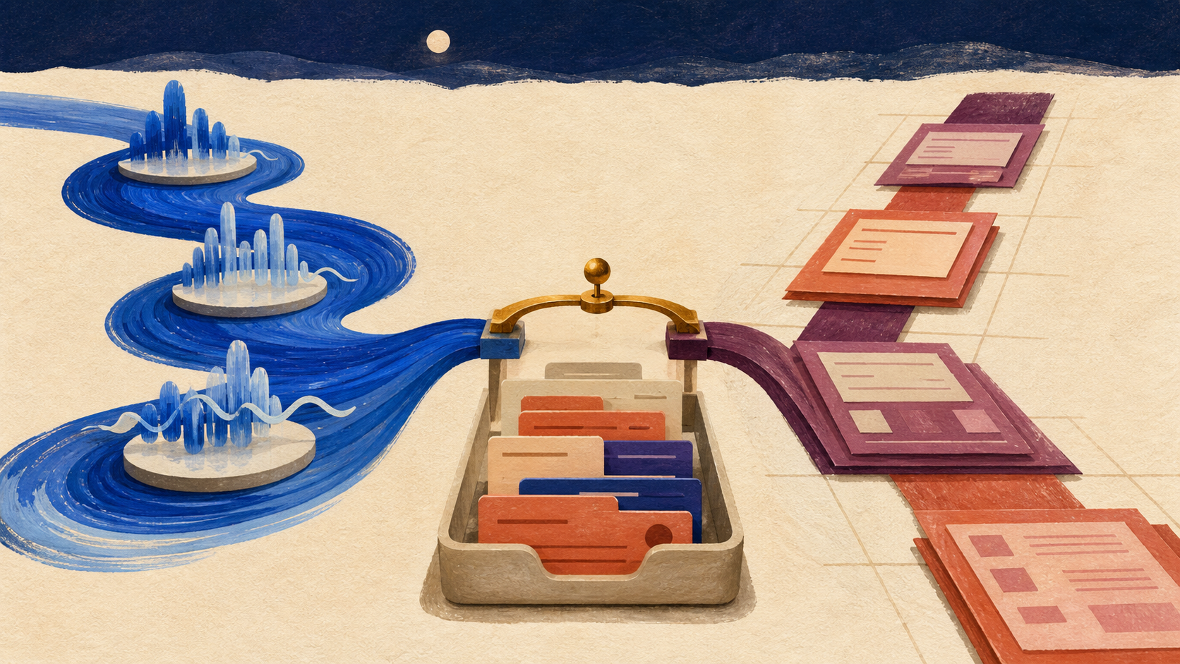 A cobalt sound-wave path and a plum paper-form path converge through a brass selector into one tray of structured ticket cards.