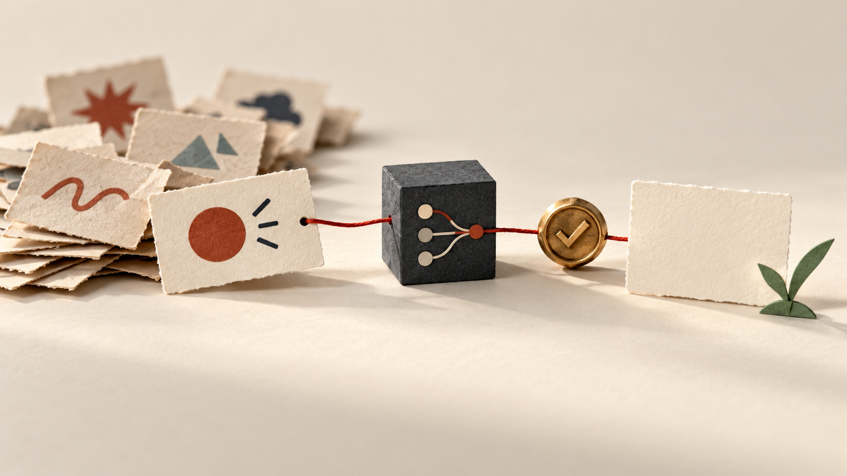 Cut-paper incident cards connect by a red thread to a charcoal commit block and brass verification seal, ending at a blank cream release note.